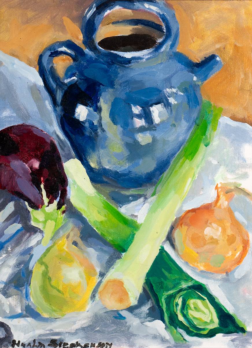BLUE KETTLE AND VEGETABLES by Nuala Stephenson sold for 640 at Whyte's Auctions