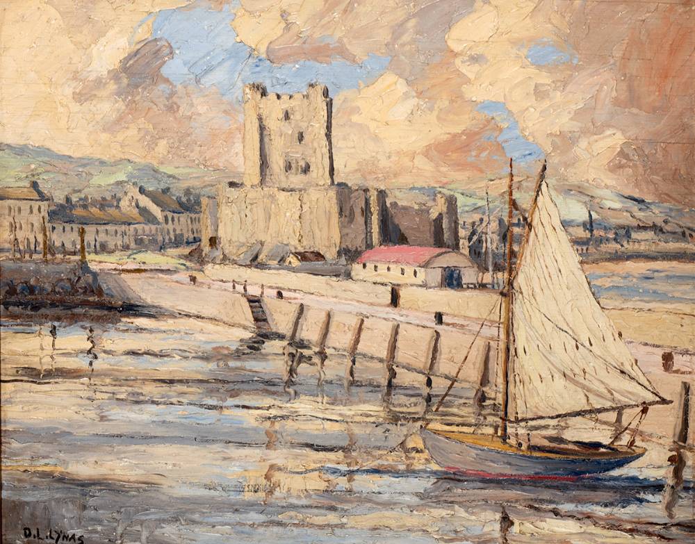 CARRICKFERGUS CASTLE, WITH VILLAGE AND HARBOUR, COUNTY ANTRIM by Dante Langtry Lynas sold for 150 at Whyte's Auctions