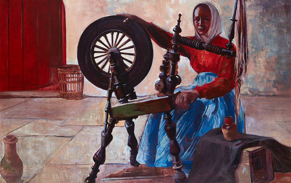 WOMAN AT A SPINNING WHEEL, c.1932 by Maurice MacGonigal sold for 3,800 at Whyte's Auctions