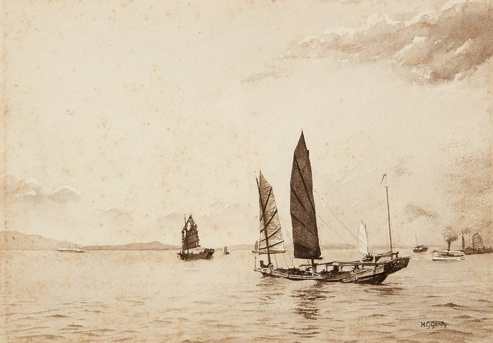 JUNKS AND STEAMBOAT IN HONG KONG HARBOUR by Henry George Gandy sold for 520 at Whyte's Auctions