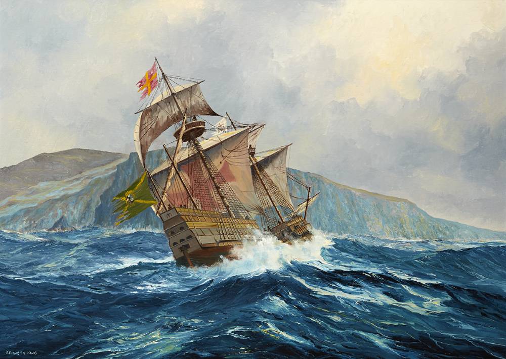 SHIP OF THE ARMADA OFF THE COAST OF DONEGAL [1588], 1991 by Kenneth King sold for 1,150 at Whyte's Auctions