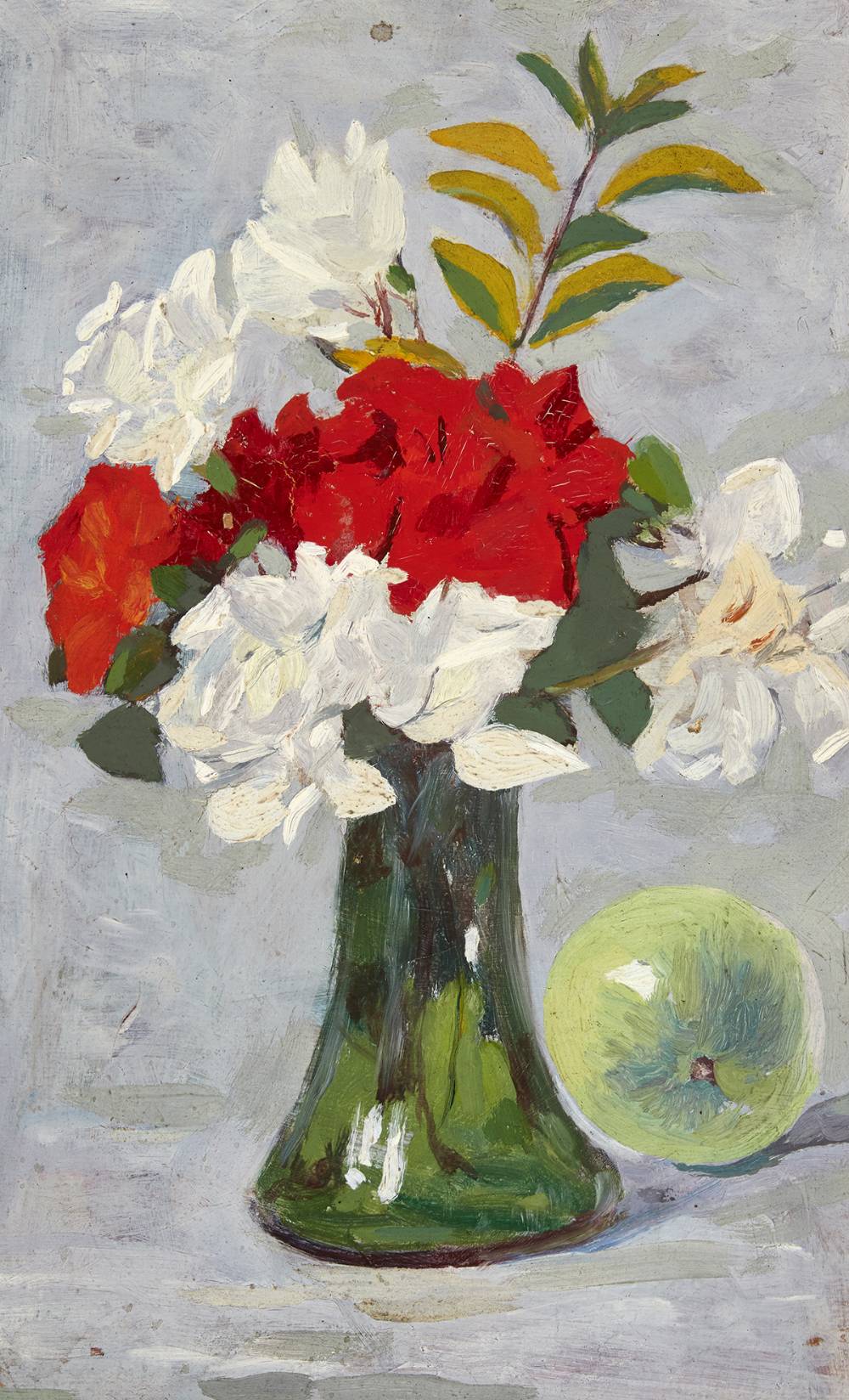 ORANGE AND WHITE FLOWERS IN A GREEN, BELL-BOTTOMED VASE by Michael Healy sold for 380 at Whyte's Auctions