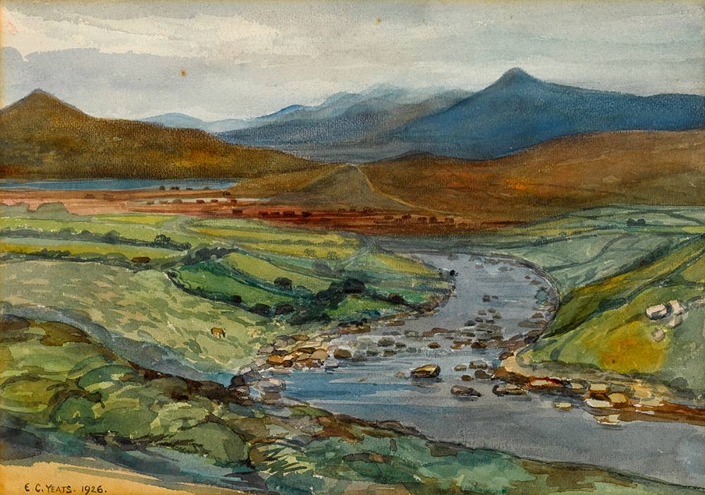 RIVER WITH MOUNTAINS IN THE DISTANCE, 1926 by Elizabeth Corbet 'Lolly' Yeats sold for 950 at Whyte's Auctions
