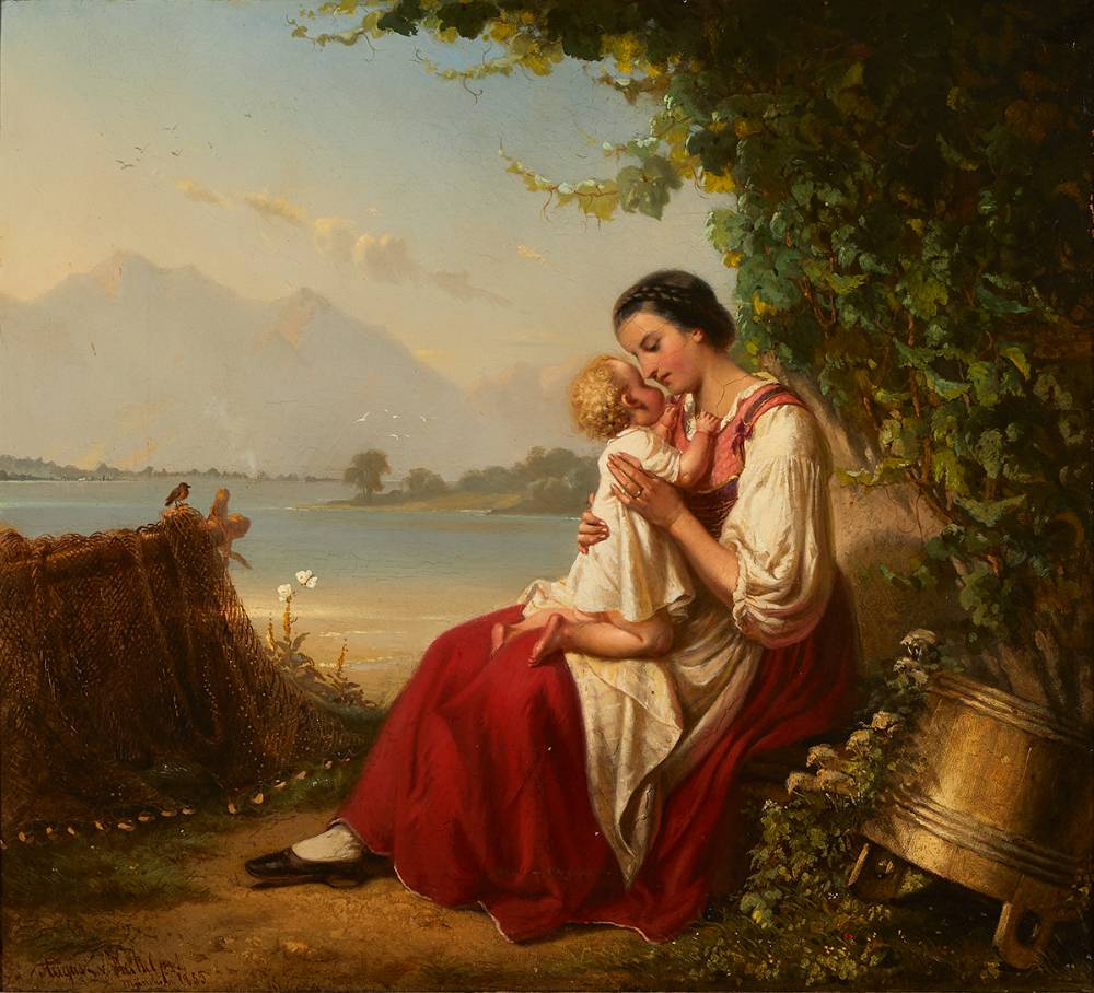 MOTHER AND CHILD BY FISHING NETS WITH MOUNTAINS IN THE DISTANCE, 1853 by August von Heckel sold for 1,250 at Whyte's Auctions