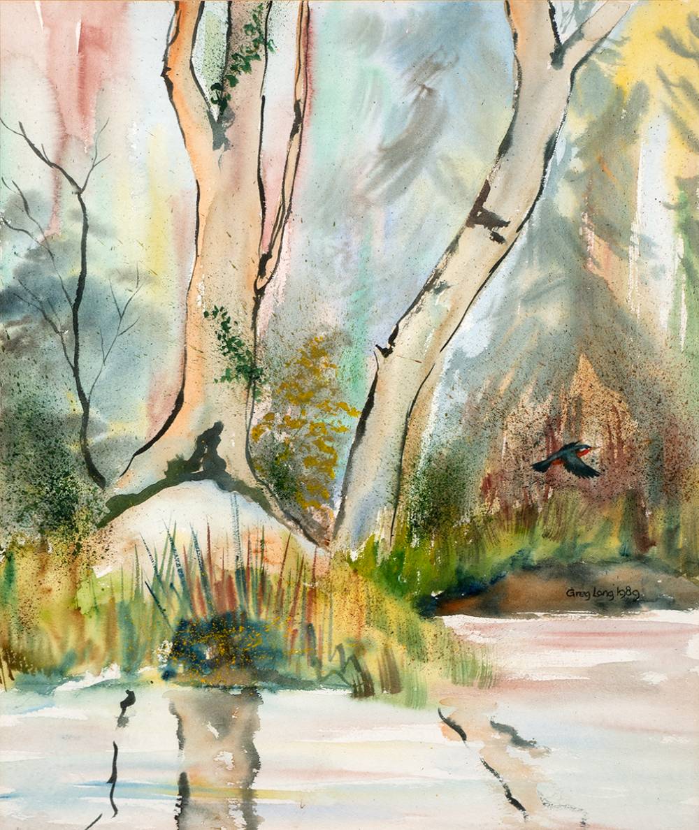 FOREST LANDSCAPE WITH RIVER AND KINGFISHER, 1989 by Greg Long sold for 35 at Whyte's Auctions