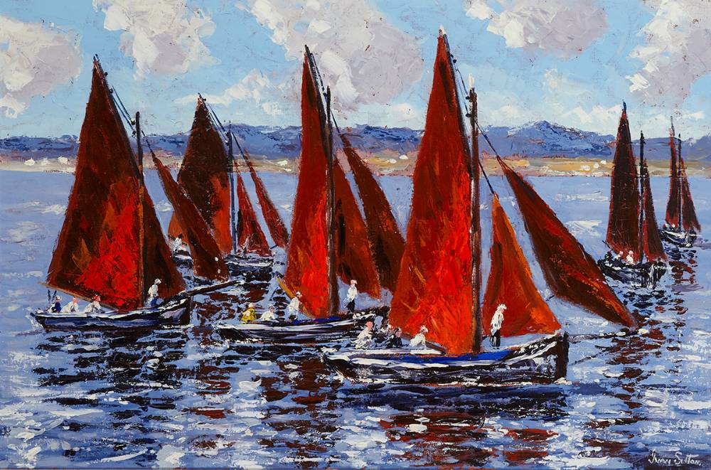 BECALMED GALWAY HOOKERS, CARRAROE, COUNTY GALWAY by Ivan Sutton sold for 2,800 at Whyte's Auctions