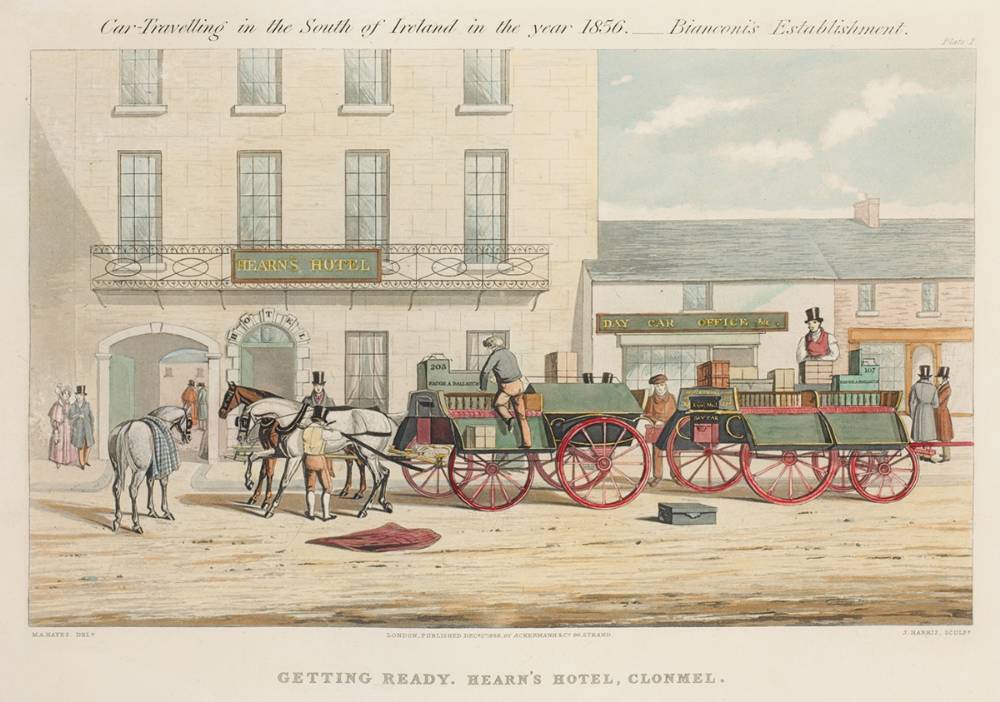 CAR TRAVELLING IN THE SOUTH OF IRELAND IN THE YEAR 1856, BIANCONI'S ESTABLISHMENT (COMPLETE SET OF SIX) by Michael Angelo Hayes sold for 750 at Whyte's Auctions