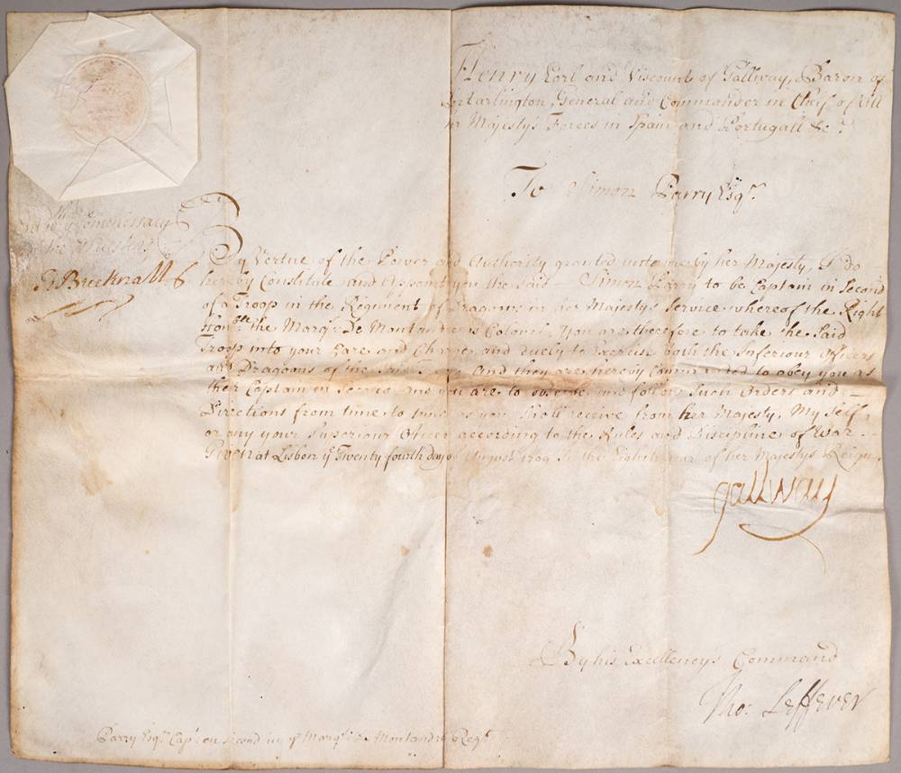 1709 appointment of Simon Parry as a military officer, signed by the Earl of Galway. at Whyte's Auctions