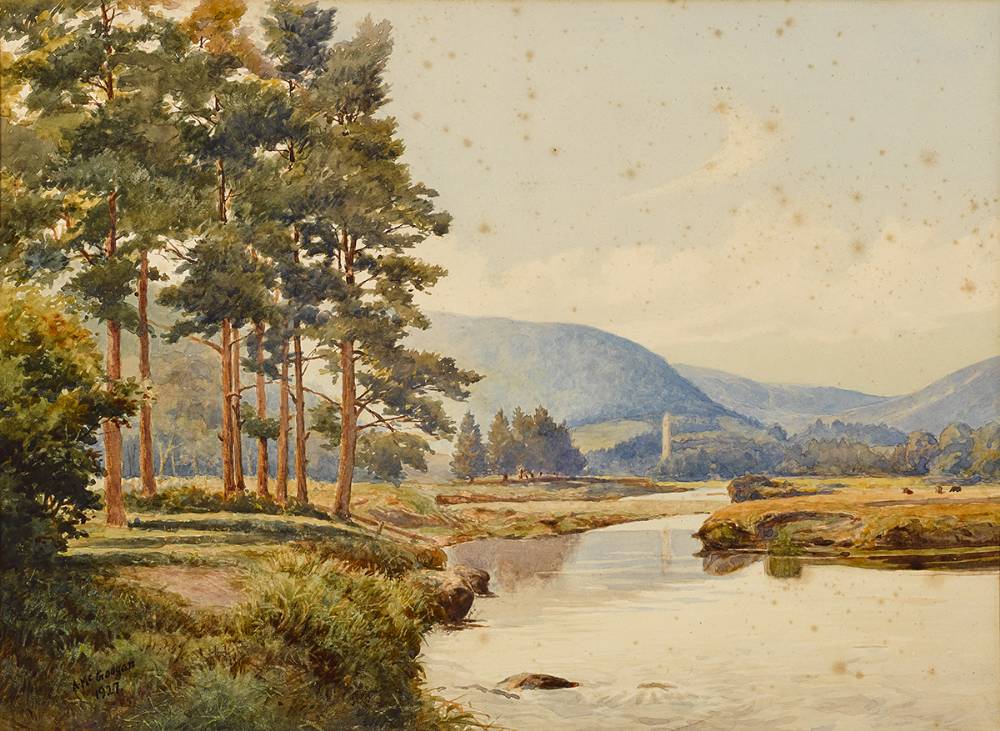 VIEW OF GLENDALOUGH FROM DERRYLANE SIDE OF RIVER, COUNTY WICKLOW, 1927 by Archibald McGoogan sold for 160 at Whyte's Auctions