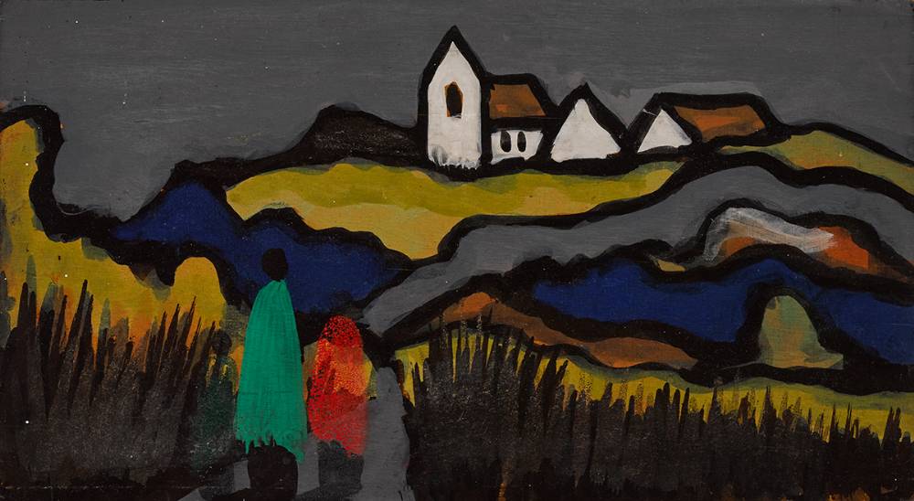 FIGURES WITH CHURCH AND COTTAGES by Markey Robinson (1918-1999) at Whyte's Auctions