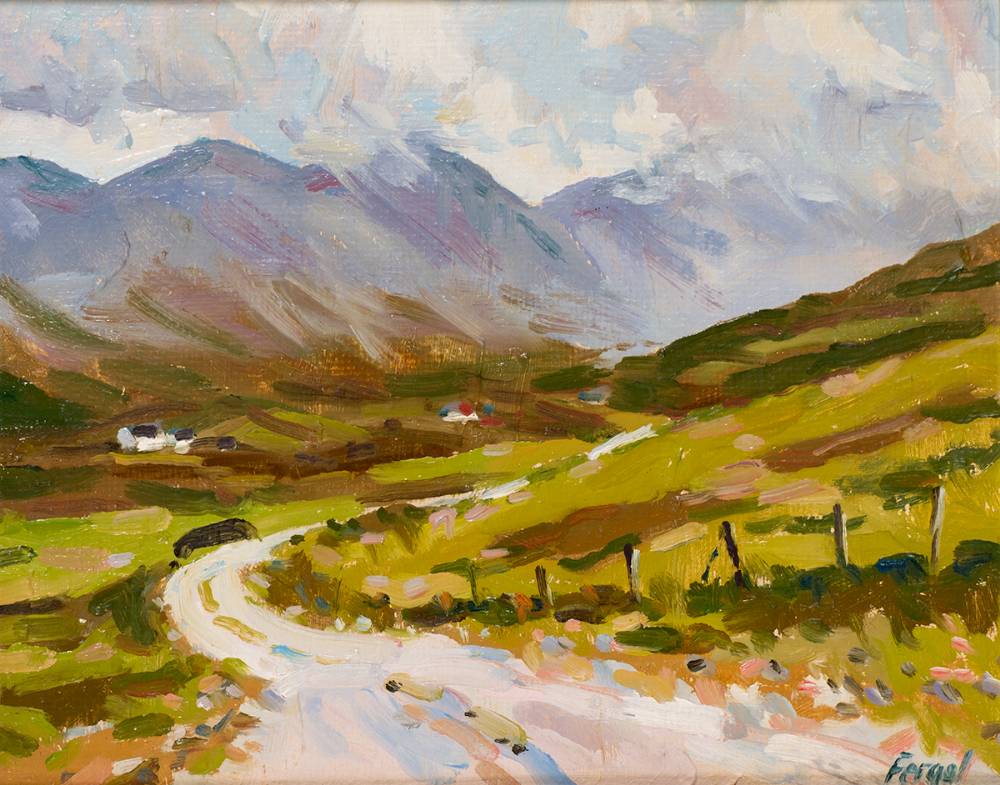 LANDSCAPE WITH MOUNTAINS AND COTTAGES IN THE DISTANCE by Fergal Flanagan (b.1948) at Whyte's Auctions
