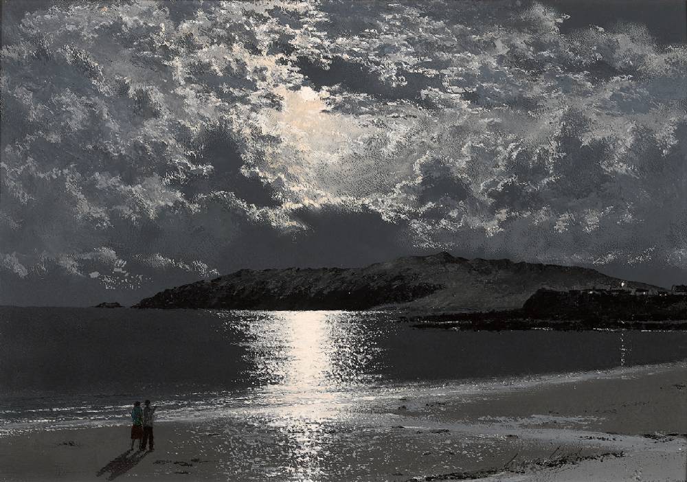 MOONRISE OVER LAMBAY ISLAND, NORTH STRAND, RUSH, COUNTY DUBLIN by Ciaran Clear sold for 4,000 at Whyte's Auctions