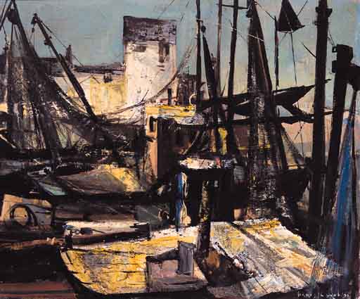 EVENING LIGHT - TRAWLERS AND FISHING NETS by Kenneth Webb sold for 4,824 at Whyte's Auctions