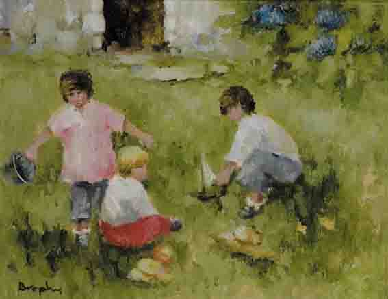THREE CHILDREN PLAYING WITH TOY BUCKETS AND BOATS by Elizabeth Brophy sold for 1,900 at Whyte's Auctions