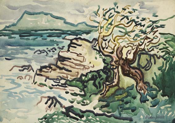 ROCKY COAST WITH WIND-BLOWN TREE by George Campbell RHA (1917-1979) at Whyte's Auctions