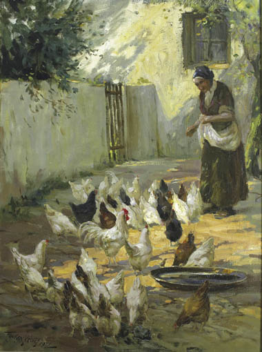 WOMAN FEEDING HENS by Frank McKelvey RHA RUA (1895-1974) at Whyte's Auctions