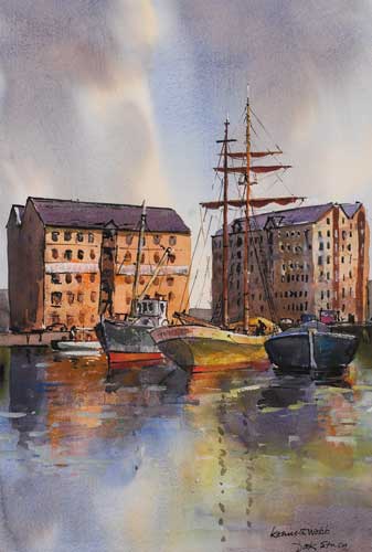 DOCKLAND WAREHOUSES AND BOATS by Kenneth Webb RWA FRSA RUA (b.1927) at Whyte's Auctions