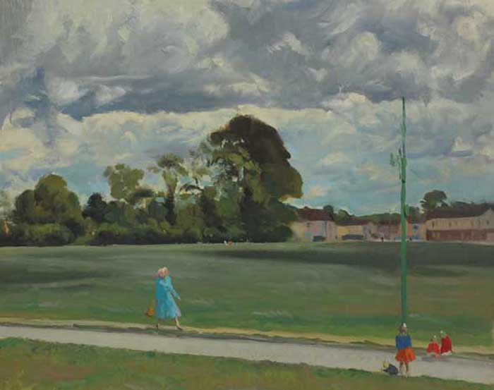 WOMAN AND CHILDREN ON A PATH WITH HOUSES BEYOND by Patrick Leonard HRHA (1918-2005) at Whyte's Auctions