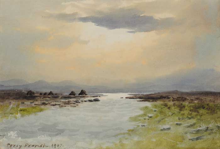 BOGLAND RIVER AND TURF STACKS, 1907 by William Percy French sold for 5,600 at Whyte's Auctions
