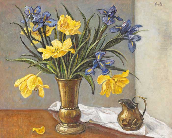 IRISES AND LILIES IN A COPPER VASE by Hilda van Stockum HRHA (19082006) at Whyte's Auctions