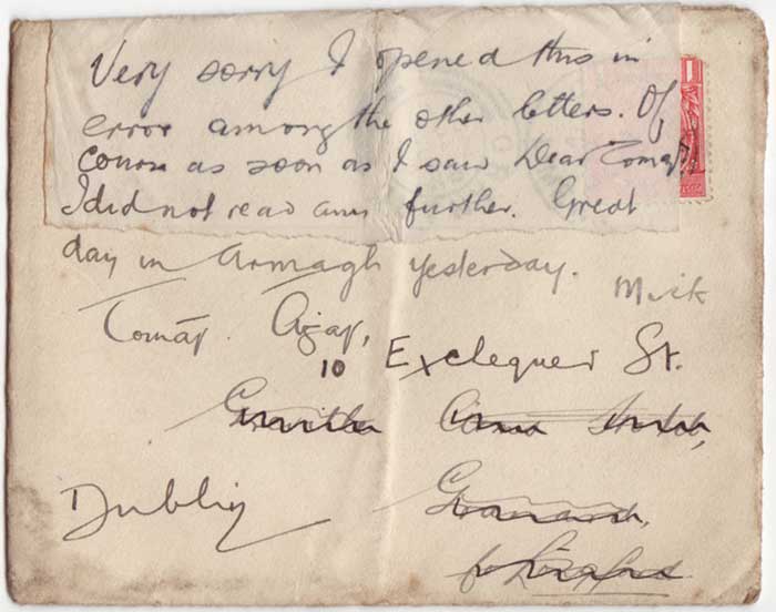 1917 (July) LETTER TO THOMAS ASHE AT DUBLIN FROM HIS SISTER OPENED BY MICHAEL COLLINS WITH NOTE IN HAND by Michael Collins (1890-1922) at Whyte's Auctions