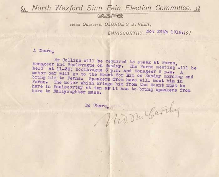 1918 NORTH WEXFORD ELECTION - SINN Fin NOTICES AND CORRESPONDENCE INCL. VISIT BY MICHAEL COLLINS at Whyte's Auctions