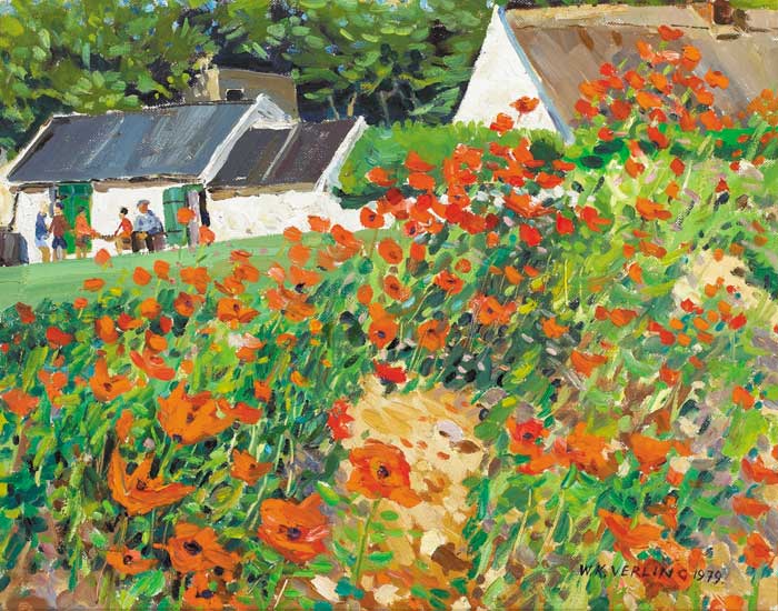 POPPY FIELD WITH FIGURES OUTSIDE A ROW OF COTTAGES, 1979 by Walter Verling HRHA (b.1930) at Whyte's Auctions