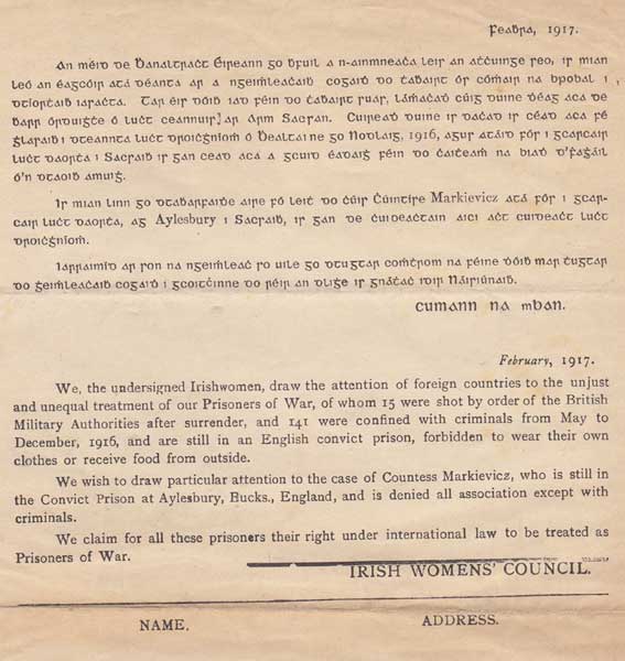1916-1918 Collection relating to Irish Prisoners including handwritten letters from Cardinal Logue and printed notice from Cumann na mBan at Whyte's Auctions