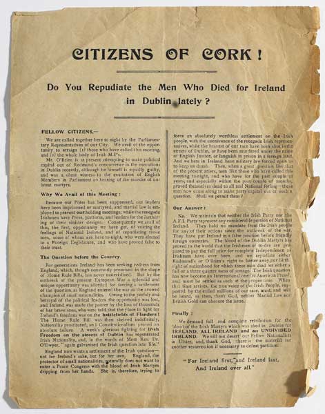 1916. "Citizens of Cork! Do you Repudiate the Men Who Died for Ireland in Dublin Lately?" Rare poster bill at Whyte's Auctions
