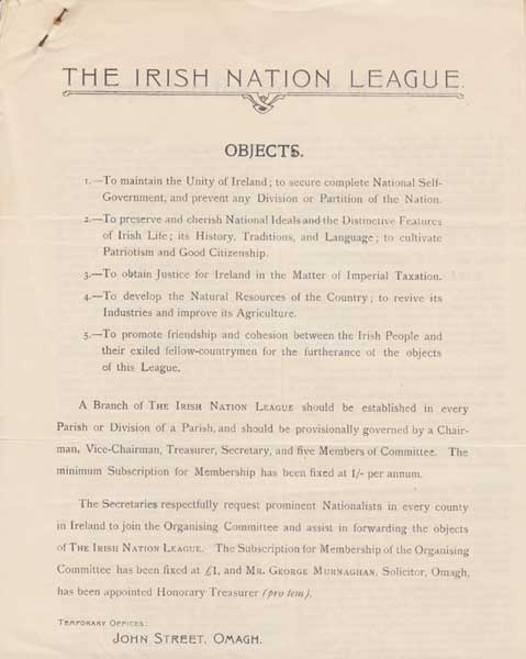 1916 (August). The Irish Nation League, Omagh: Objects, Appeal to the People of Ireland at Whyte's Auctions