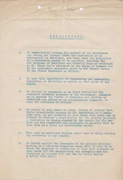 1917 (August). Phoenix Park Meeting of Republicans and Nationalists. Notice of Resolutions. A very rare document at Whyte's Auctions