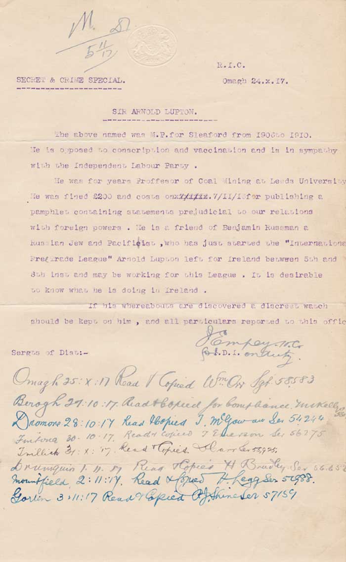 1917 (24 October). Royal Irish Constabulary "SECRET & CRIME SPECIAL" notice to watch Sir Arnold Lupton, an anti-conscription campaigner, who was visiting Ireland at Whyte's Auctions