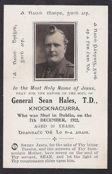 1917-22 In Memoriam cards for Thomas Ashe, Lt. Liam Hurley, Daniel O'Sullivan, Kinsale, General Sen Hales TD, Knocknacura, etc. at Whyte's Auctions