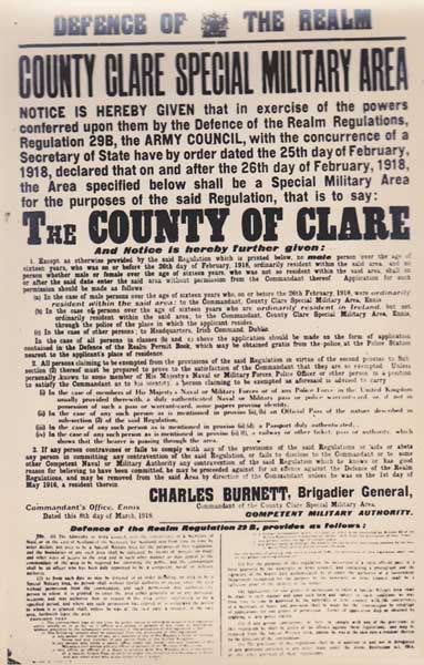 1918 (8 March). County Clare Special Military Area prohibiting non residents from entering County Clare without police permission at Whyte's Auctions