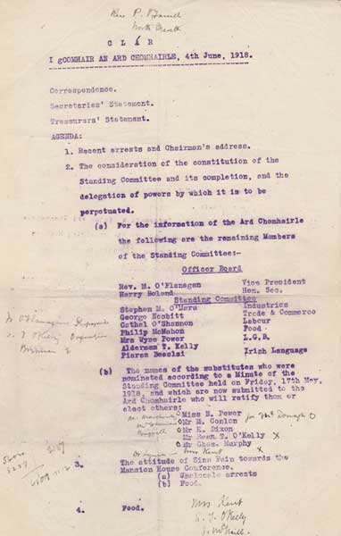 1918.(4 June) Sinn Fin. Ard Comhairle meeting, Clar (Agenda). George Gavan Duffy's copy with his notes. at Whyte's Auctions