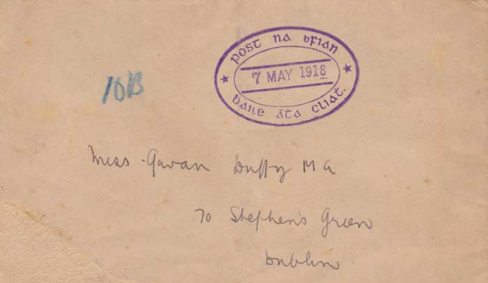 1918. Fianna ireann Postal Service for delivery Sinn Fin election material. A rare envelope, dated 7 May 1918 with the POST NA bFIAN frank at Whyte's Auctions