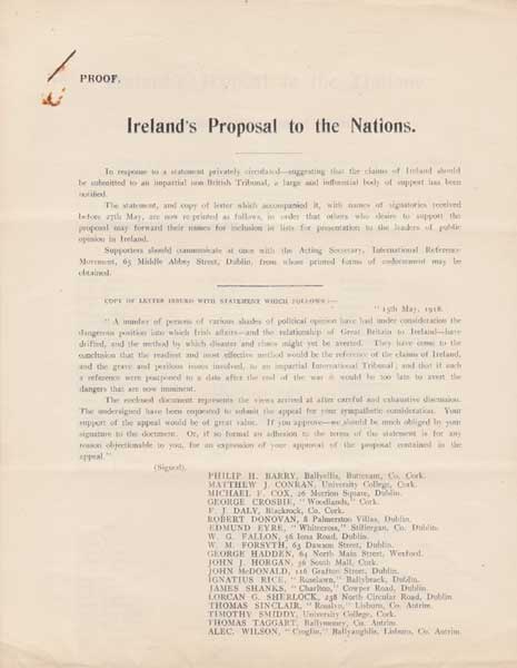 1918-20. Range of Irish propaganda material including rare proof copy of "Irelands Proposal to the Nations" at Whyte's Auctions