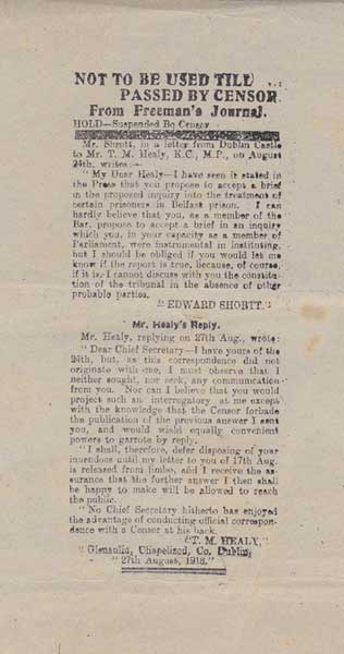 1918 (August) Censored pieces, withheld from Freeman's Journal. Rare printers' proofs at Whyte's Auctions