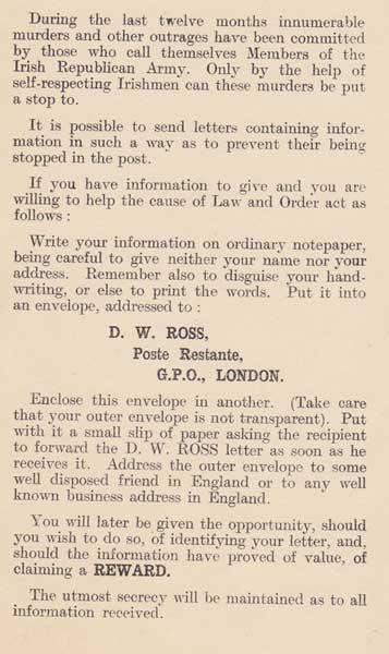 1919-21. British Intelligence Recruiting Informers leaflet at Whyte's Auctions