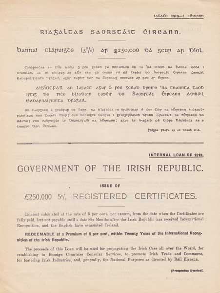 1919. Government of the Irish Republic Internal Loan Prospectus issued by Michael Collins as Minister of Finance and related printed documents at Whyte's Auctions