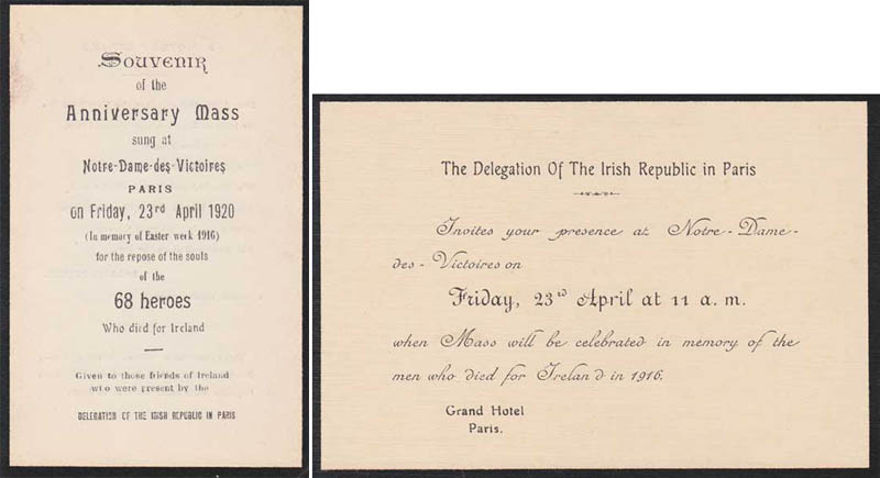 1920-21. Invitation to the Anniversary Mass for Notre Dame, Paris for the 68 Heroes who died for Ireland, and two other items at Whyte's Auctions