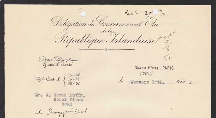 1920-21. Delegation du Government Elu de la Republique Irlandaise: Dil ireann representative in Paris and related documents at Whyte's Auctions
