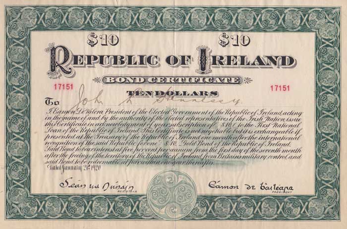 1920 (21 January). Republic of Ireland Ten Dollar "De Valera" Bond at Whyte's Auctions