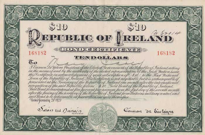 1920 (21 January). Republic of Ireland Ten Dollars Bond, printed signature of Eamon de Baileara (Valera) at Whyte's Auctions