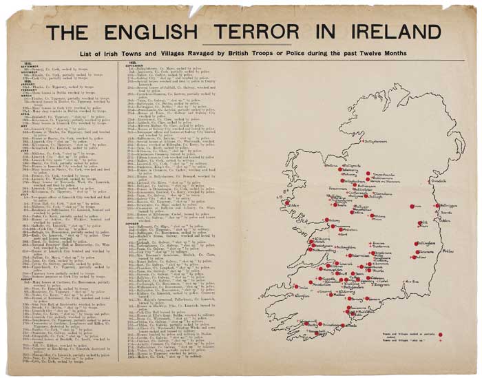 1920. The English Terror. List of towns and villages ravaged by the British Troops and Police during the past twelve months. A rare poster issued by Dil ireann. at Whyte's Auctions