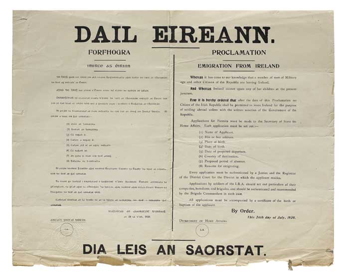 1920 (24 July). Dil ireann Proclamation. "Emigration from Ireland". A very rare poster at Whyte's Auctions