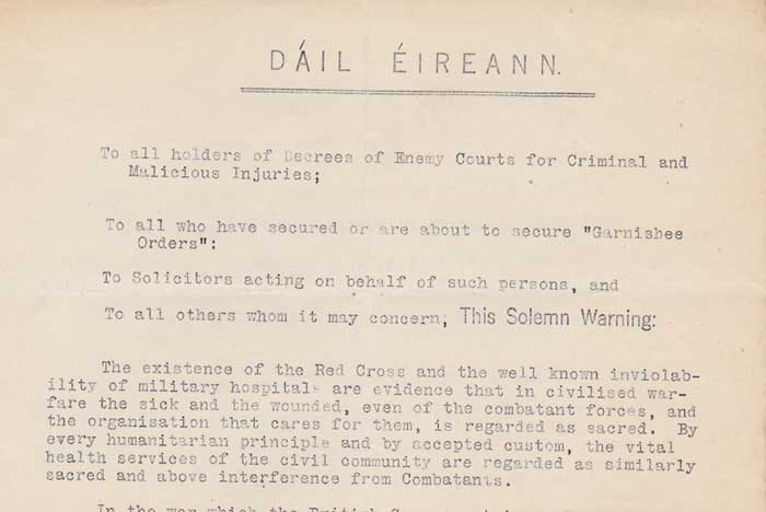 1920 Dil ireann Decrees: "Solemn Warning " by L.T. Mac Cosgair (W.T. Cosgrave) Minister for Local Government and a draft Decree at Whyte's Auctions