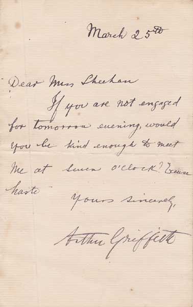 c. 1920. Arthur Griffith letter to "Miss Sheehan" at Whyte's Auctions