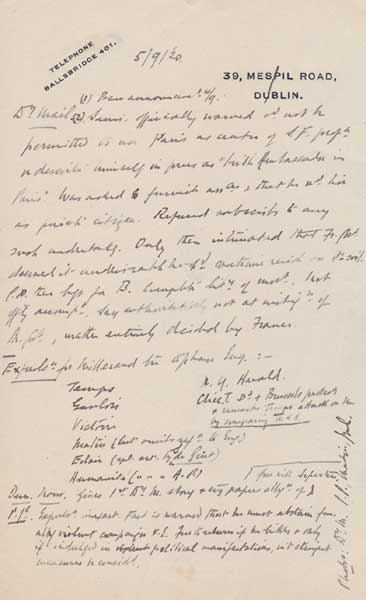 1920 (5 September). George Gavan Duffy's notes of a meeting concerning Dil ireann representatives in Paris and elsewhere in Europe at Whyte's Auctions