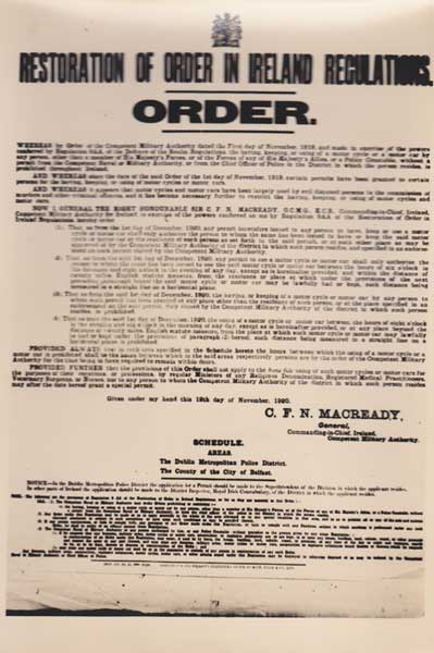 1920 (12 November). Restoration of order in Ireland Regulations. Order restricting the use of motor cars or motorcycles by civilians at Whyte's Auctions